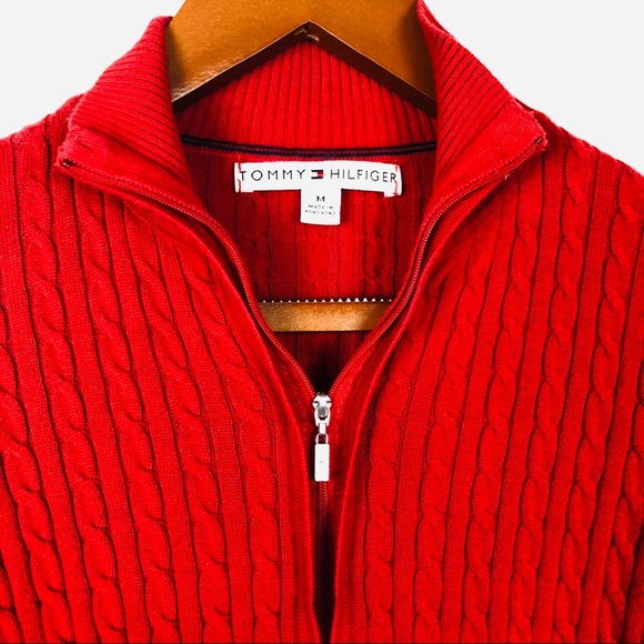 TOMMY HILFIGER Red Cable Knit Full Zip Cardigan - Picture 2 of 5